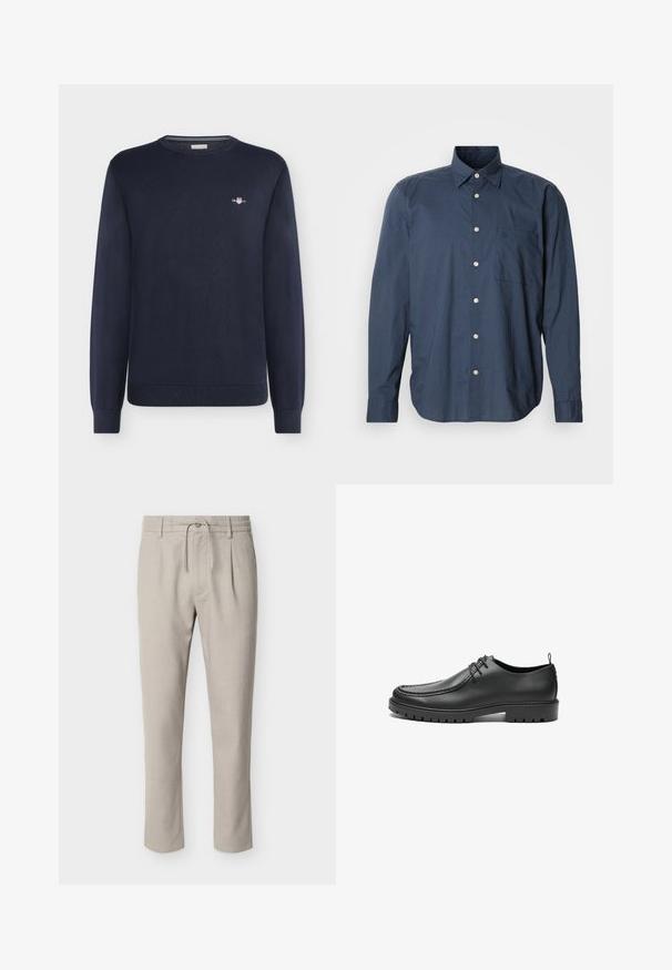 Pull bleu marine à manches longues avec col rond, petit logo blanc et rouge sur la poitrine gauche, poignets et ourlet côtelés.; Chemise bleu marine à manches longues, à motif à petits carreaux, avec une poche poitrine unique et des boutons blancs sur fond uni.; Pantalon beige clair à jambes droites avec passants pour ceinture, bouton avant, fermeture éclair, taille à cordon et poches latérales.; Chaussures en cuir noir avec une finition lisse, bout arrondi et coutures décoratives. Elles possèdent une semelle en caoutchouc avec des rainures de traction et un laçage.