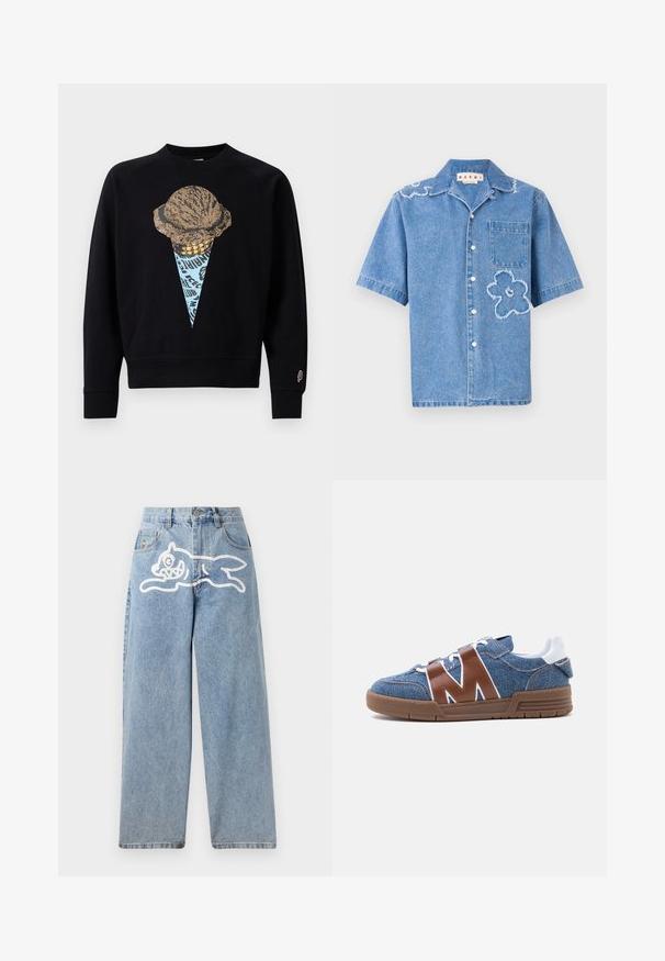 Sweatshirt noir avec un imprimé graphique d'un cornet de glace avec une boule texturée, rehaussé de détails bleus et dorés.; Chemise en denim à manches courtes de couleur bleu clair, ornée de deux motifs floraux effilochés, d'une poche poitrine et de boutons blancs le long de l'avant.; Jeans en denim de couleur bleu clair avec une coupe décontractée et jambes larges. Présente un graphique blanc d'un chat courant à l'arrière. Design classique à cinq poches.; Basket en denim bleu avec des sangles en cuir marron en forme de M, lacets blancs, languette blanche au talon et semelle en caoutchouc marron vue de côté.