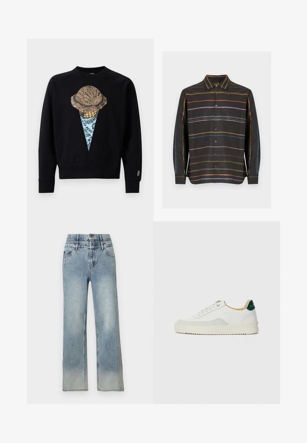 Sort sweatshirt med en grafisk print af en isvaffel med en tekstureret kugle, akkompagneret af blå og guld detaljer.; Sort skjorte med lange ærmer og knapper, med tynde vandrette striber i orange, lilla, blå og olivengrøn på forsiden og ærmerne.; Lyseblå højhjallet straight-leg jeans med forlommer, knaplukning og diskrete falmede områder på lår og ben.; Hvide sneakers med ruskindsdetaljer, rund tå, flade snørebånd og en cremet gummisål. Har grøn branding på hælen.