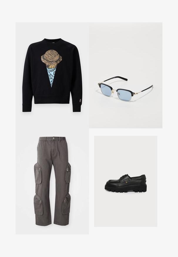 Sort sweatshirt med en grafisk print af en isvaffel med en tekstureret kugle, akkompagneret af blå og guld detaljer.; Cargo bukser i mørkegrå stof, med flere lynlåslommer på siden, lige ben design og knap i taljen.; Sort læder snørestøvle med tyk gummisål og lille gyldent diamantformet detalje på siden, vist fra ydersiden.; Solbriller med rektangulære blå linser, sort plast øverste ramme og guldmetalkanter. Slanke sorte stænger med tekstureret greb.