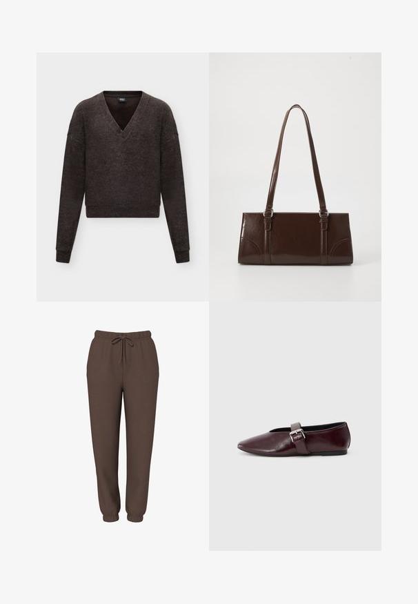 Pull gris foncé à manches longues avec un col en V profond et des poignets et un ourlet côtelés, présenté sur un fond clair uni.; Pantalon de jogging marron avec taille élastique, cordon de serrage et bas élastiqués, présenté de face sur fond blanc.; Ballerines en cuir bordeaux avec un bout pointu, une semelle plate et une sangle décorative avec boucle sur le cou-de-pied. Texture lisse et brillante.; Sac à main en cuir verni marron de forme rectangulaire, avec deux longues poignées et des accents courbés subtils à l'avant.