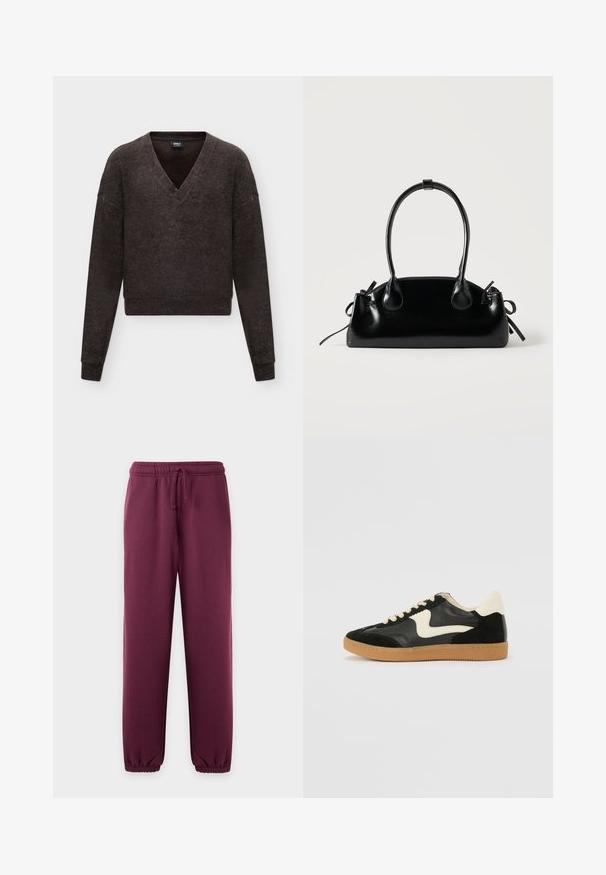 Pull gris foncé à manches longues avec un col en V profond et des poignets et un ourlet côtelés, présenté sur un fond clair uni.; Pantalon de jogging violet foncé avec taille élastique et cordon, jambes fuselées et poignets élastiques aux chevilles.; Baskets en daim et cuir noir avec un swoosh latéral crème et un talon crème clair. Dotées de lacets beige et d'une semelle en caoutchouc gomme.; Petit sac à main noir brillant avec deux longues anses et des détails à cordon sur les côtés sur un fond clair uni.