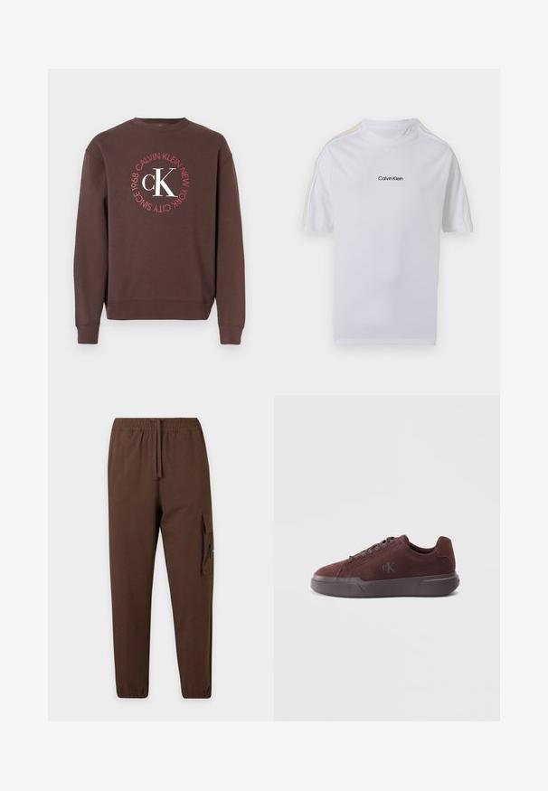 Brun sweatshirt med lange ærmer, rund halsudskæring og en rund hvid og rød grafik med teksten "Calvin Klein New York 1968" og "CK".; Hvid T-shirt med korte ærmer og Calvin Klein-logo midt på brystet samt diskrete gule striber langs skuldre og ærmer.; Brune cargobukser med elastisk talje, snøre, sidelomme med klap og elastiske manchetter.; Burgunderfarget ruskindssneaker med gummisål, der har runde snørebånd og en subtil præget logo på siden til branding.