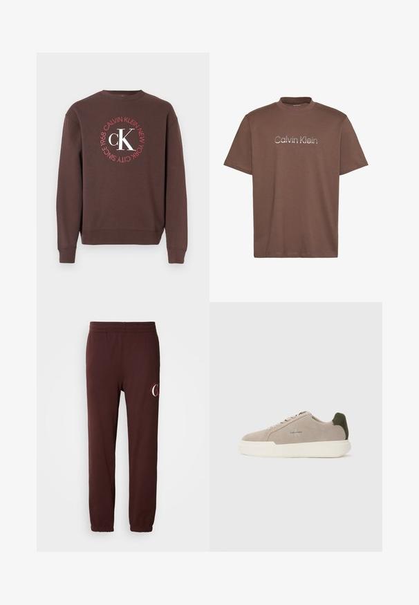 Brun sweatshirt med lange ærmer, rund halsudskæring og en rund hvid og rød grafik med teksten "Calvin Klein New York 1968" og "CK".; Brun kortærmet T-shirt med rund hals og reflekterende sølvlogo "Calvin Klein" centreret på brystet.; Bordeaux joggers lavet af blødt bomuld, med en elastisk talje, manchetter ved anklerne og et diskret logo trykt på venstre ben.; Beige ruskinds sneakers med en hvid gummisål, der har en mørkegrøn hælaccent og subtil branding på siden.