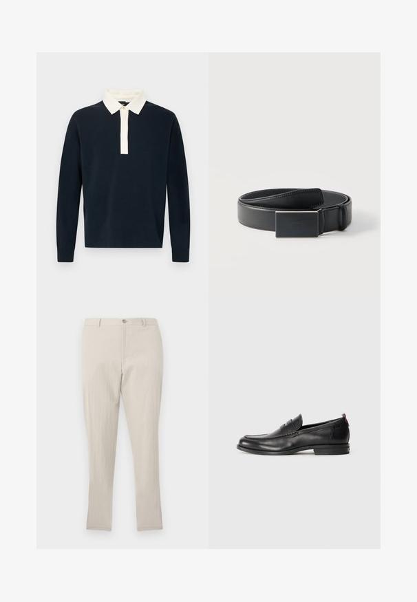 Pull-over bleu marine à manches longues avec un col contrastant crème. Dispose d'une patte de boutonnage avec un seul bouton. Tissu doux et texturé.; Pantalon droit texturé beige clair avec passants pour ceinture, fermeture à bouton et zip frontal, présenté sur un fond uni.; Mocassins en cuir noir avec un bout arrondi, des détails cousus et un petit accent rouge au niveau du talon. Semelle en caoutchouc à profil bas.; Ceinture en cuir noir enroulée avec une boucle noire mate rectangulaire et un logo embossé discret sur fond blanc.