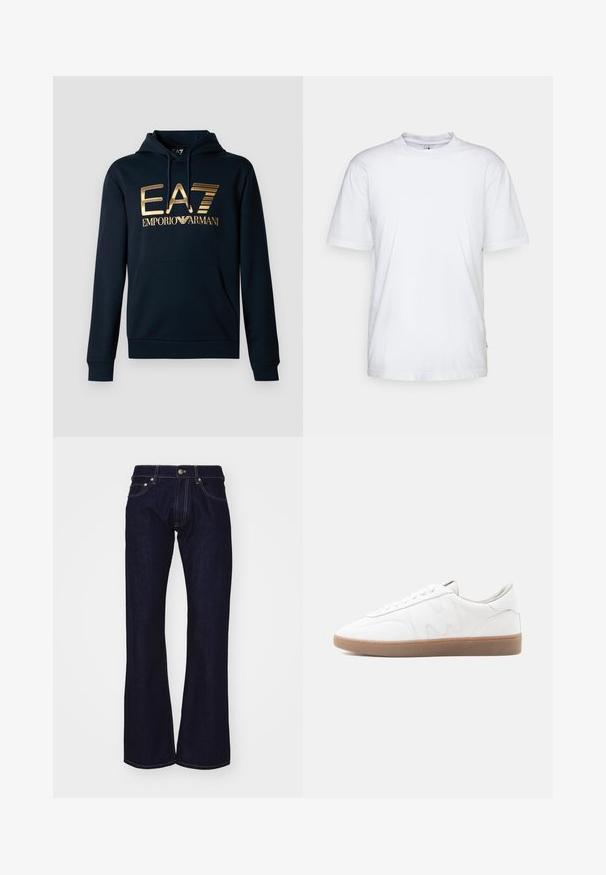 Sudadera navy con un gran logo dorado de EA7; cuenta con un bolsillo canguro, capucha con cordón y puños acanalados para un diseño ajustado.; Camiseta de algodón blanca con cuello redondo, mangas cortas y dobladillo recto. Cuenta con una pequeña etiqueta de la marca en la costura lateral izquierda.; Jeans de mezclilla azul oscuro de pierna acampanada con cintura alta, que presentan costuras amarillas en contraste y herrajes metálicos en la cintura y los bolsillos.; Zapatilla blanca de corte bajo con suela de goma color caramelo, superposiciones cosidas y cierre de cordones sobre fondo neutro.