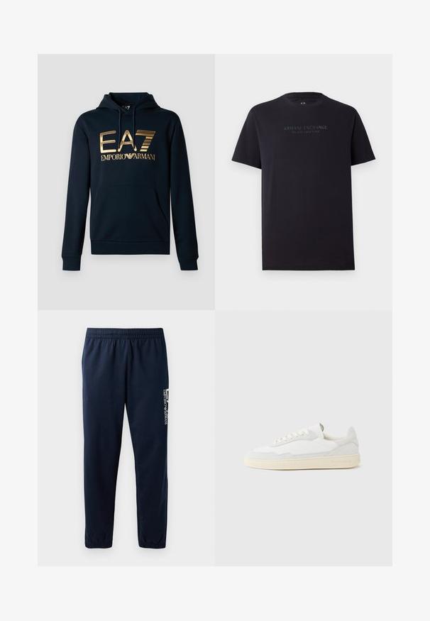Marineblå hættetrøje med et stort guld EA7-logo; har en kængurulomme, snørelukning i hætten og ribbede manchetter for en tætsiddende pasform.; Sort bomulds t-shirt med korte ærmer, rund hals og en let afslappet pasform. Har "ARMANI EXCHANGE MILANO / NEW YORK" i mørkegrå tekst.; Marineblå sweatpants med elastisk talje, tætsiddende ben og et hvidt logo på siden. Glat stof med en let tekstur.; Hvid sneakers med en øvre del i tekstureret ruskind og læder. Har rundet tå, snørelukning og kontrasterende beige gummisål.