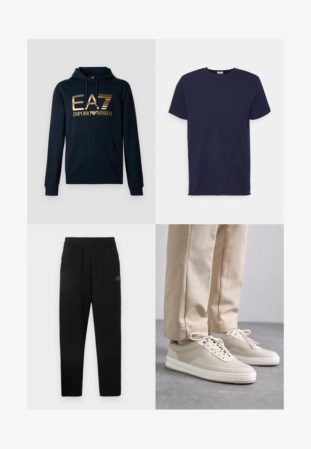 Marineblå hættetrøje med et stort guld EA7-logo; har en kængurulomme, snørelukning i hætten og ribbede manchetter for en tætsiddende pasform.; Marineblå kortærmet t-shirt lavet af blødt stof. Har rund halsudskæring og en lige pasform uden mønstre eller accenter.; Sorte tapered sweatpants med elastisk talje og lille trykt logo på øvre venstre lår.; Beige sneakers med en tekstureret overdel, hvide såler og stikninger, parret med beige bukser, præsenteret på en grå overflade.