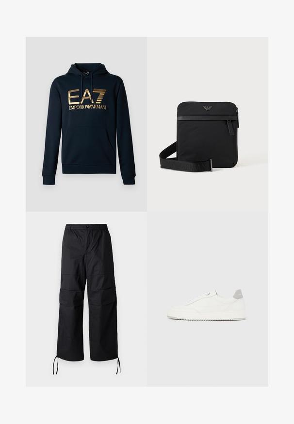 Sudadera navy con un gran logo dorado de EA7; cuenta con un bolsillo canguro, capucha con cordón y puños acanalados para un diseño ajustado.; Pantalones cargo negros hechos de una tela ligera, con piernas anchas, cinturilla elástica y cordones ajustables en los puños. Dos bolsillos laterales.; Zapatilla blanca de corte bajo con pestaña en el talón gris, cordones blancos y suela texturizada, presentada sobre un fondo claro y liso.; Bolso de hombro negro cuadrado con cierre de cremallera, bolsillo delantero y correa ajustable con nombre de marca en relieve.
