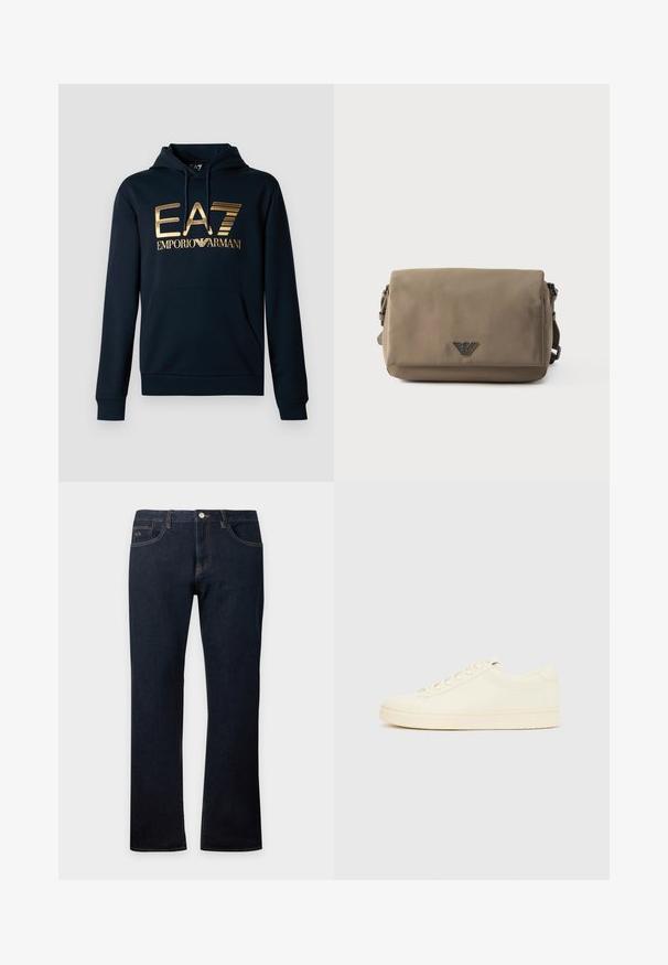 Marineblå hættetrøje med et stort guld EA7-logo; har en kængurulomme, snørelukning i hætten og ribbede manchetter for en tætsiddende pasform.; Mørkeblå denimjeans med lige ben, for- og baglommer, synlige syninger og knaplukning i taljen.; Sneaker i cremefarve med en glat læderoverdel, rundet tå, snørelukning foran og en tekstureret gummisål. Minimalistisk design uden logoer.; Rektangulær taupe crossbody-taske med klaplukning og lille metal logoemblem centreret på forsiden mod en hvid baggrund.