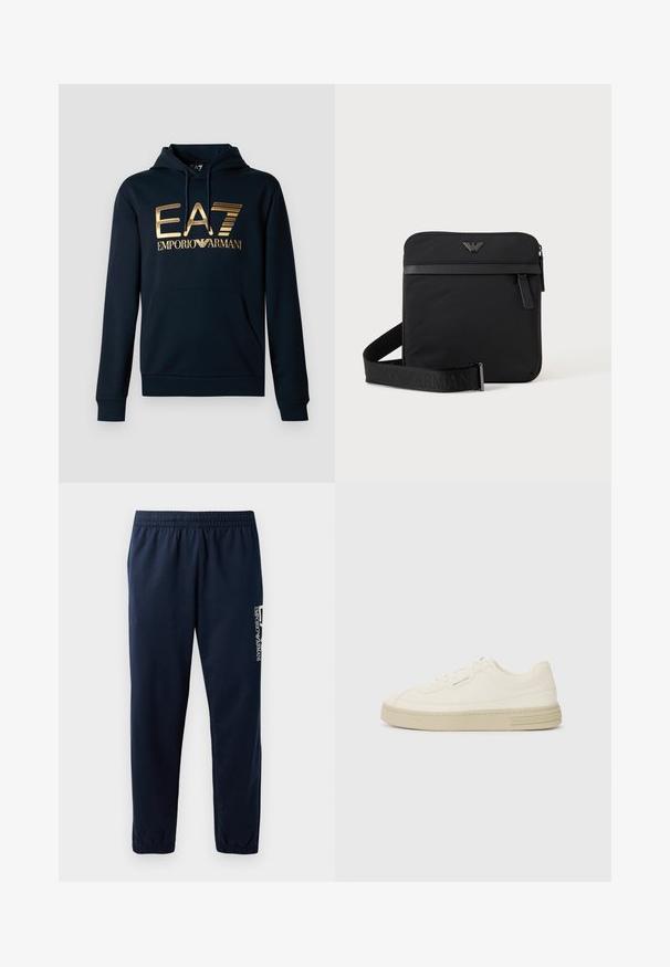 Sweat-shirt bleu marine avec un grand logo doré EA7 ; il possède une poche kangourou, une capuche avec cordon de serrage et des poignets côtelés pour un design ajusté.; Pantalons de survêtement bleu marine avec une taille élastique, des jambes fuselées et un logo blanc sur le côté. Tissu lisse avec une texture légère.; Baskets en toile blanches avec une semelle en caoutchouc texturée, présentant un capuchon de chaussure cousu et un accent de logo sur le talon. Design simple à lacets.; Sac bandoulière carré noir avec fermeture éclair, poche avant et sangle réglable avec nom de marque embossé.