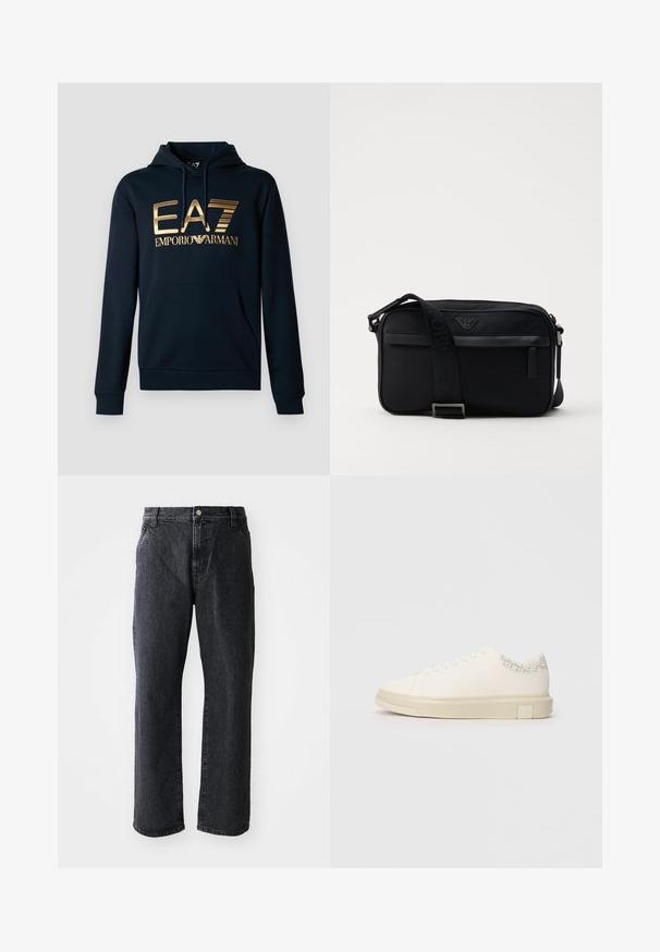 Marineblå hættetrøje med et stort guld EA7-logo; har en kængurulomme, snørelukning i hætten og ribbede manchetter for en tætsiddende pasform.; Sorte denim jeans med lige snit, med knaplukning, fem lommer og subtil tekstur. Klassisk design uden fremtrædende mønstre.; Hvide sneakers med en glat lærredsoverdel, flade snørebånd, polstret krave og en struktureret grå detalje bagpå. Kraftig gummisål.; Sorte nylon skuldertaske med en kontrasterende rem, slank rektangulær form, logo detaljer og en lynlåslomme på forsiden.