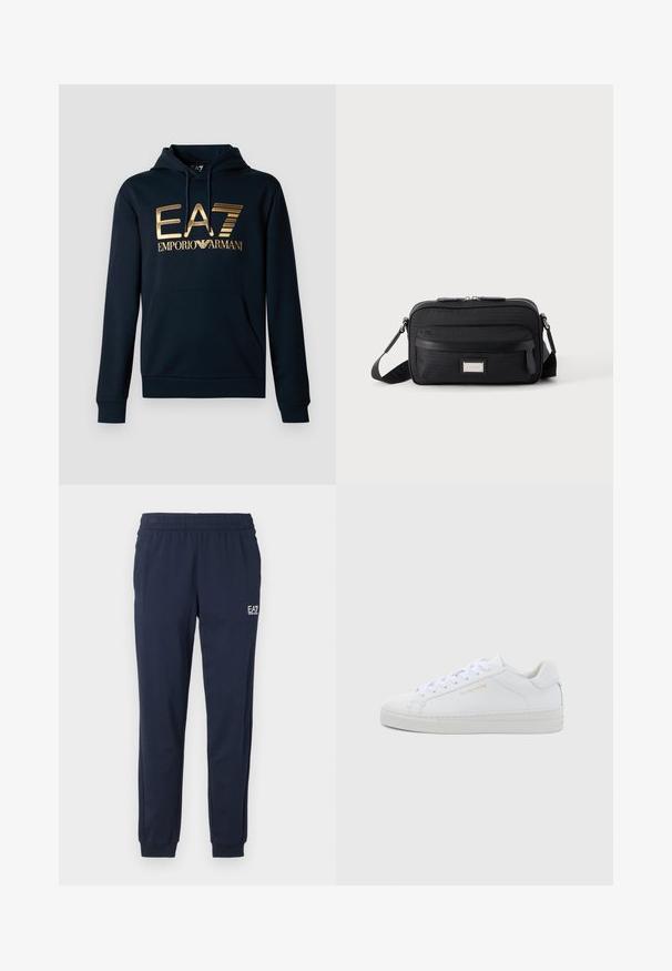 Marineblauwe hoodie met een groot gouden EA7-logo; voorzien van een kangoeroezak, een capuchon met trekkoord en geribbelde mouwen voor een nauwsluitend ontwerp.; Marineblauwe sweatpants met een elastische tailleband en boorden. Voorzien van een klein wit logo op het linkerpant. Gemaakt van een zachte, rekbare stof.; Witte leren lage sneakers met een ronde neus, platte veters, een gestructureerde zool en subtiele gouden branding aan de zijkant. Gladde oppervlakte en minimalistisch ontwerp.; Zwarte rechthoekige crossbodytas met voorvak met ritssluiting, verstelbare schouderband en zilveren rechthoekige logo-plaat op effen achtergrond.
