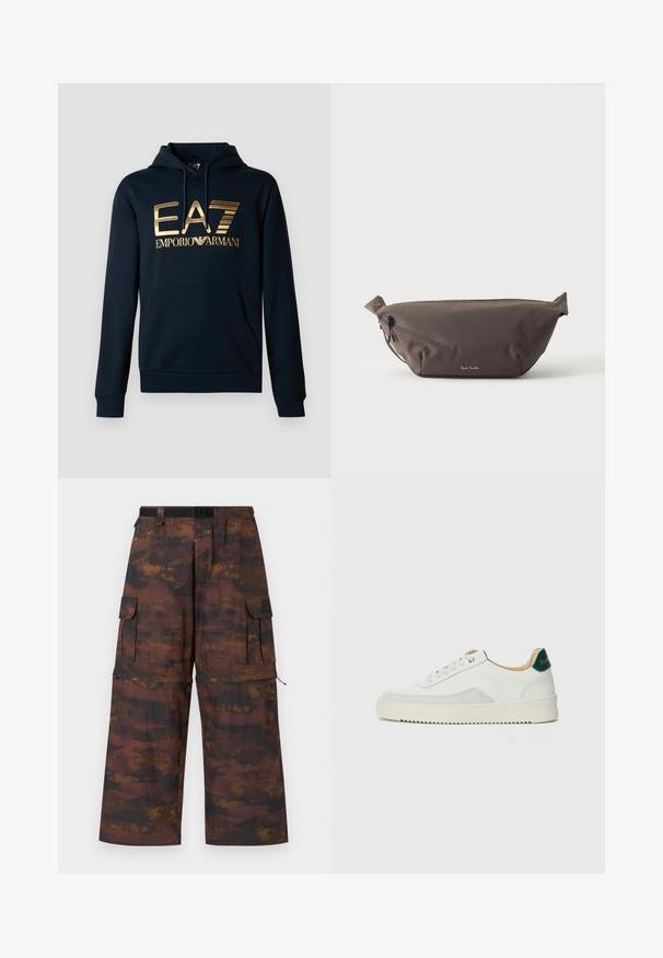 Sudadera navy con un gran logo dorado de EA7; cuenta con un bolsillo canguro, capucha con cordón y puños acanalados para un diseño ajustado.; Pantalones cargo en un tejido marrón texturizado con un patrón abstracto desgastado. Presentan piernas anchas, cinturilla elástica y múltiples bolsillos.; Zapatilla blanca con acentos de ante, puntera redondeada, cordones planos y suela de goma color crema. Presenta un logo verde en el talón.; Riñonera de tela marrón oscuro con bolsillo diagonal con cremallera y pequeño logo blanco en el frontal, sobre un fondo liso y claro.