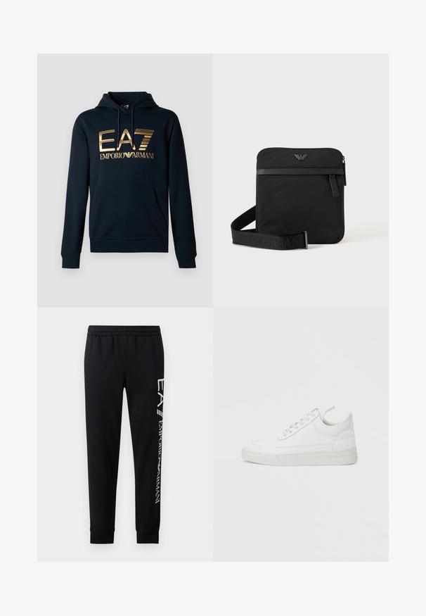 Marineblå hættetrøje med et stort guld EA7-logo; har en kængurulomme, snørelukning i hætten og ribbede manchetter for en tætsiddende pasform.; Sorte sweatpants lavet af en bomuldsblanding, med elastisk talje, smalle ben, ribbede manchetter og hvidt logo print langs siden.; Hvid lædersneaker med rundet tå, flad sål og snørebånd foran. Har syningsdetaljer og polstret krave for komfort.; Sort firkantet skuldertaske med lynlås, frontlomme og justerbar rem med præget brandnavn.