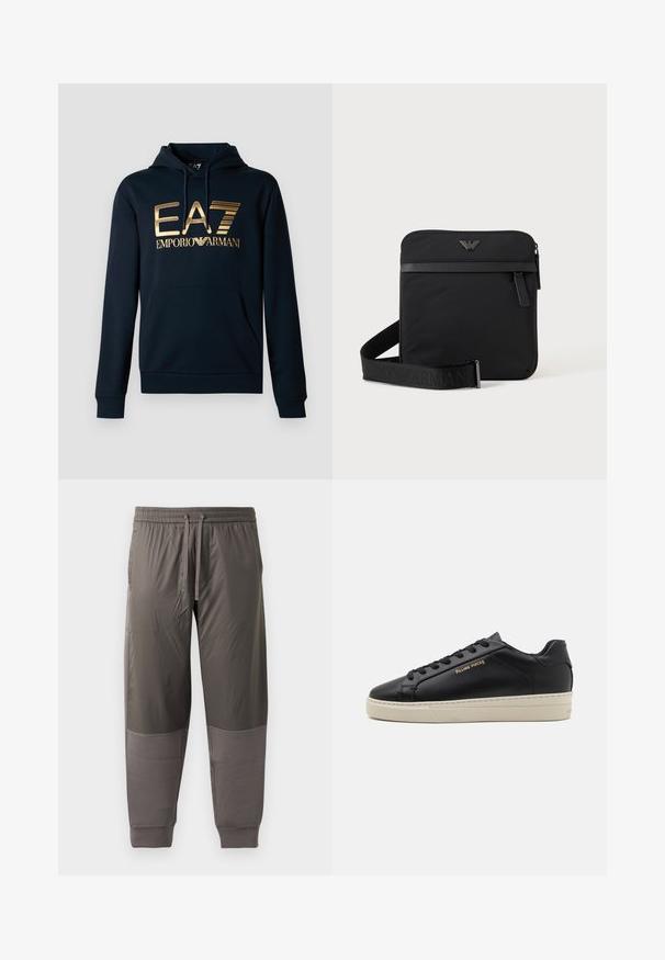 Marineblå hættetrøje med et stort guld EA7-logo; har en kængurulomme, snørelukning i hætten og ribbede manchetter for en tætsiddende pasform.; Mørkegrå træningsbukser med elastisk talje og justerbar snøre. Har glat stof med ribbede manchetter og kontrastpaneler.; Sorte lædersneakers med en glat finish, kontrasterende cremefarvet sål, rund tå, guld logo på siden og seks huller til snørebånd.; Sort firkantet skuldertaske med lynlås, frontlomme og justerbar rem med præget brandnavn.