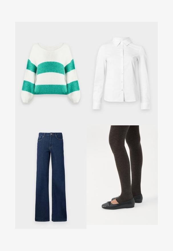 Pull court en tricot avec un large décolleté en V, présentant un motif rayé vert et blanc, des manches bouffantes et une finition douce et texturée.; Chemise blanche à manches longues avec boutons, col pointu, ourlet droit et silhouette ajustée, présentée sur un fond clair uni.; Jean en denim bleu foncé avec une coupe droite, cinq poches, fermeture par bouton et zip, et peu de détails de couture. Texture lisse.; Jambes portant des leggings côtelés foncés associés à des ballerines noires avec de petits détails en nœud sur fond blanc.