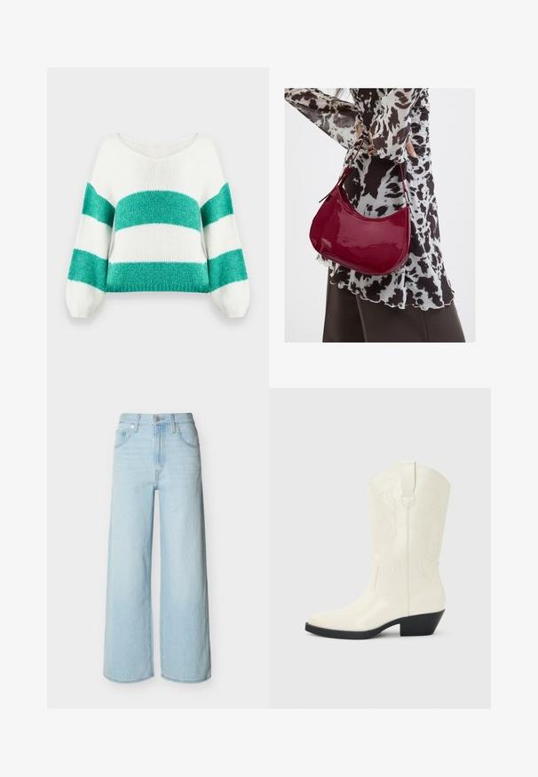 Pull court en tricot avec un large décolleté en V, présentant un motif rayé vert et blanc, des manches bouffantes et une finition douce et texturée.; Jean bleu clair à jambes larges avec une fermeture avant à boutons et zip, des passants de ceinture, et un design classique à cinq poches.; Botte blanche de style western mi-mollet avec bout pointu, talon empilé noir, coutures décoratives et languette de tirage sur la tige.; Femme portant un chemisier à motif noir et blanc tenant un sac à main rouge brillant sur un fond uni.