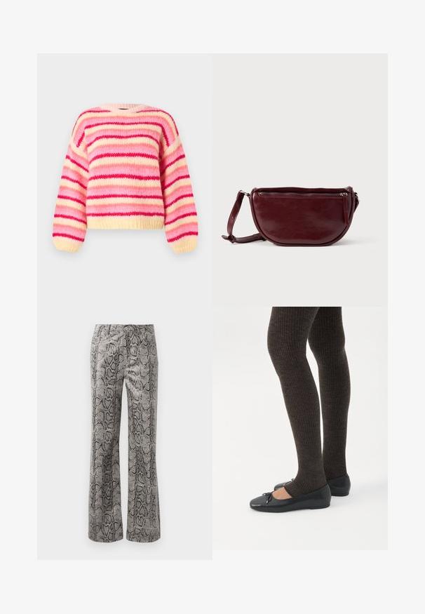 Pull en maille épaisse avec des rayures horizontales rose, rouge et crème, doté d'un col rond et de manches longues bouffantes.; Pantalons droits avec un motif en serpent noir et gris et une fermeture à bouton sur un fond blanc.; Jambes portant des leggings côtelés foncés associés à des ballerines noires avec de petits détails en nœud sur fond blanc.; Sac à main en cuir marron foncé avec une forme en demi-lune, une fermeture éclair et une bandoulière amovible. Texture lisse avec un léger éclat.