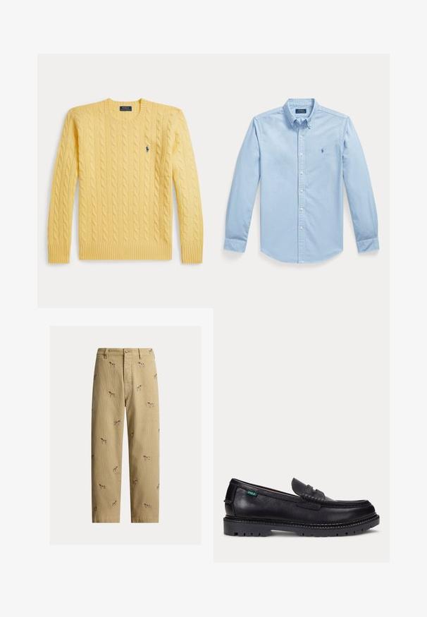 Kollane soonikkoes kampsun ribaga mansettide ja äärega, rinnal väike sinine logo. Valmistatud pehmest, tekstuurse kangaga.; Polo Ralph Lauren SLIM FIT GARMENT-DYED OXFORD SHIRT - Pluus - chambray blue; Beežid sametpüksid, millel on tikitud koera mustrid, sirge säärega lõige ja viis taskut, ees käeluku trukk.; Mustast nahast loafer paksu soonelise tallaga ja väike roheline "Polo" silt välisküljel kanna lähedal.