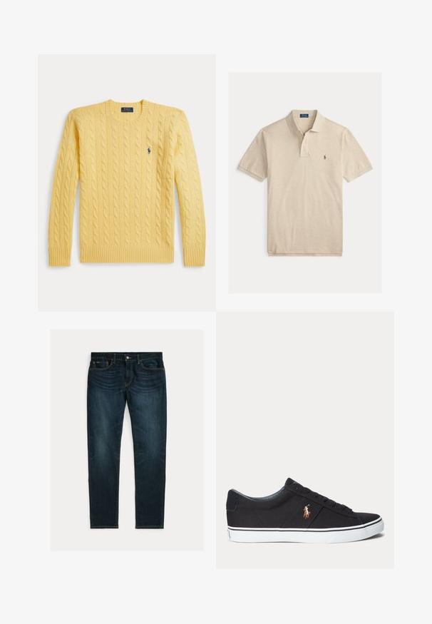 Pull jaune en maille torsadée avec poignets et ourlet côtelés, portant un petit logo bleu sur la poitrine. Confectionné en tissu doux et texturé.; Polo beige à manches courtes avec col et patte à deux boutons, avec petit logo brodé de cheval sur la poitrine gauche.; Jean slim bleu foncé avec légère décoloration et design à cinq poches, posé à plat sur un fond blanc.; Baskets basses noires avec semelle blanche et logo joueur de polo brodé sur le côté, avec fermeture à lacets et tige en tissu texturé.