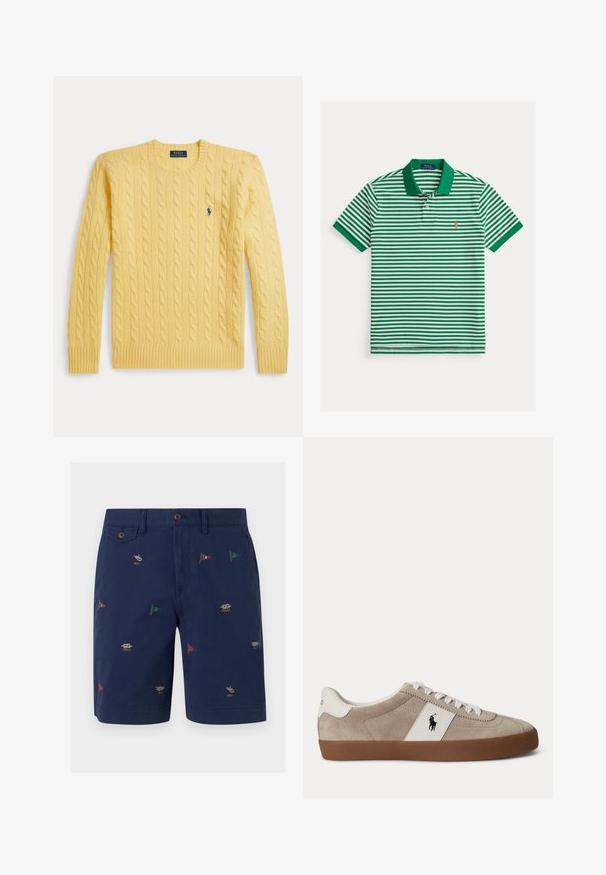 Pull jaune en maille torsadée avec poignets et ourlet côtelés, portant un petit logo bleu sur la poitrine. Confectionné en tissu doux et texturé.; Polo rayé horizontal vert et blanc avec col vert et logo brodé orange sur la poitrine gauche.; Short bleu marine avec taille boutonnée et petits drapeaux nautiques brodés ainsi que des nœuds éparpillés sur le tissu.; Baskets basses en daim beige avec lacets blancs, détail en cuir blanc avec logo cheval noir, et semelle en caoutchouc marron.