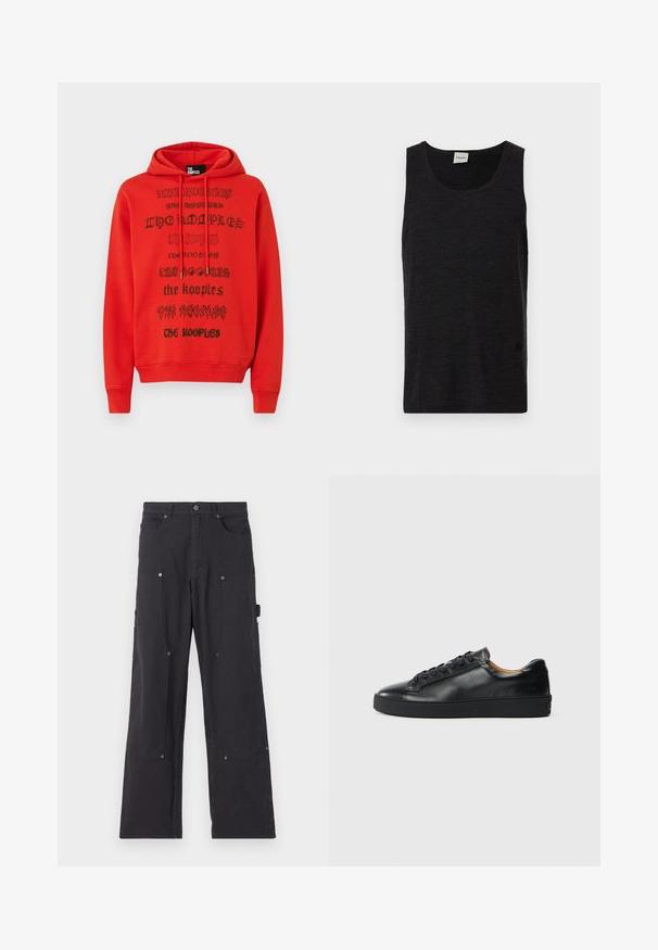 Sweat à capuche rouge avec du texte imprimé noir utilisant des polices variées. Le matériau semble doux, avec une poche kangourou et une capuche ajustable par un cordon.; Débardeur noir sans manches en matériau texturé. Doté d'un col rond et d'un accent logo discret près de l'ourlet. Design simple.; Pantalons cargo noirs en tissu résistant avec une coupe droite, comprenant des poches avant, des boutons-pression et des poches utilitaires sur les côtés.; Baskets en cuir noir avec une texture lisse, bout rond et fermeture à lacets. Comprend une semelle en caoutchouc épaisse et un minimum de détails de marque.