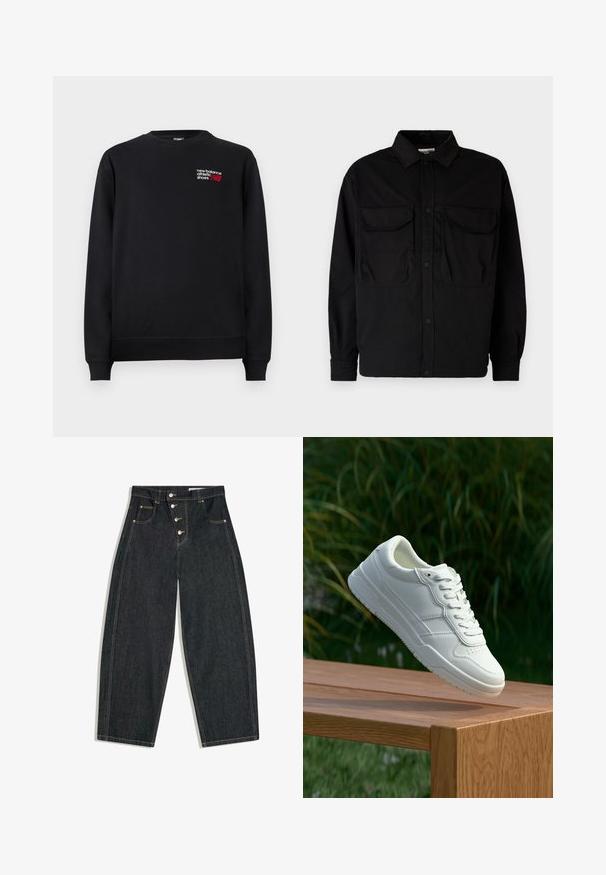 Mustapaita, joka on valmistettu puuvillasekoitteesta, jossa on pyöreä kaula-aukko, ribbaus hihansuissa ja pieni punavalkoinen "New Balance" -logo rinnassa.; Jack & Jones JCOHELVETICA PARACHUTE OVERSHIRT - Vapaa-ajan kauluspaita - black; Musta korkeavyötäröinen farkkulegginsit leveillä lahkeilla, joissa on neljä edessä olevaa nappia, koristeelliset etutaskut niiteillä ja kontrastitikkaus.; Valkoinen nahkakengät, joissa on sileä pinta, perforoitu muotoilu, klassinen nauhakiinnitys ja kumipohja, aseteltuna puupinnan ylle.