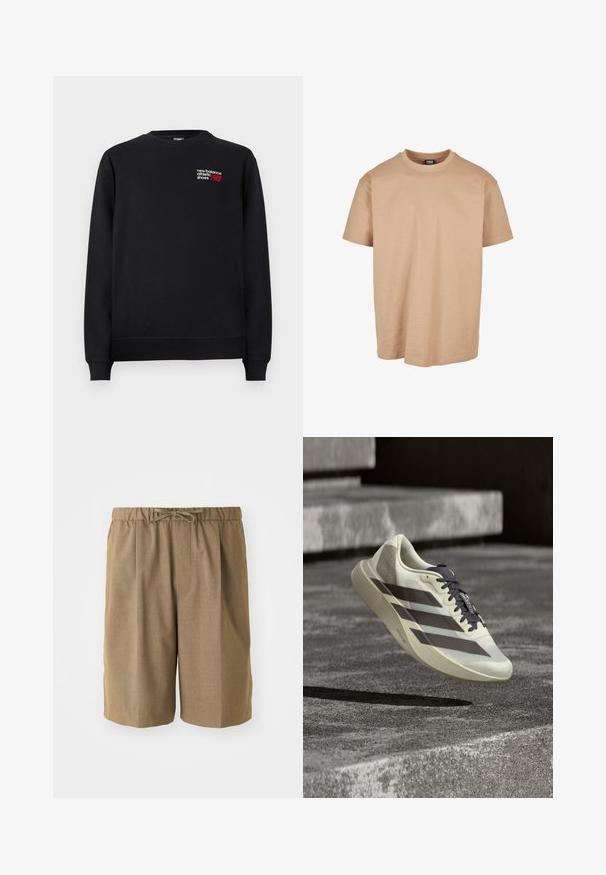 Schwarzer Sweatshirt aus Baumwollmischung, mit Rundhals, gerippten Bündchen und einem kleinen rot-weißen "New Balance"-Logo auf der Brust.; Beige Baumwoll-T-Shirt mit Rundhalsausschnitt, kurzen Ärmeln und lockerer Passform; zeichnet sich durch eine glatte Textur und ein minimales Design aus.; Braune, plissierte Shorts mit elastischem Bund und verstellbarem Kordelzug. Hergestellt aus einem glatten, leichten Stoff mit geradem Schnitt.; Hellbeige und schwarze Adidas Adizero Laufschuhe schweben über einer strukturierten Betonoberfläche mit Steintreppen im Hintergrund.