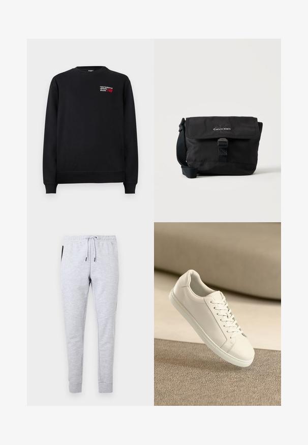Sort sweatshirt lavet af bomuldsblanding, med rund hals, ribbede manchetter og et lille rødt og hvidt "New Balance"-logo på brystet.; Lysegrå slim-fit joggingbukser med elastisk talje, hvid snøre, sidelommer og manchetter ved anklerne.; Hvide lædersneakers med hvide snørebånd, præsenteret på en beige tekstureret overflade og med en blødt uskarp baggrund.; Sort Calvin Klein skuldertaske med frontklap, spænde lukning og justerbar rem på hvid baggrund.