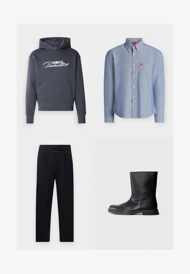 Hoodie in donkergrijs, met witte scripttekst "CITY SUMMER Paradise" op de voorkant. Zachte stof, ribgebreide boorden en zoom.; Lichtblauw overhemd met lange mouwen en knopen, met borstzak, witte knopen, een kraag met knoopjes en kleine rode Hugo-logo labeltjes op de zak en aan de binnenkant van de kraag.; Zwarte katoenen broeken met een rechte pijpdesign, voorzien van voorplooien, zijzakken en een ritssluiting. Gegeven stofafwerking.; Zwarte leren enkelboot met een gestructureerde afwerking, ronde neus en lage rubberen zool. Eenvoudig ontwerp zonder zichtbare hardware of versieringen.
