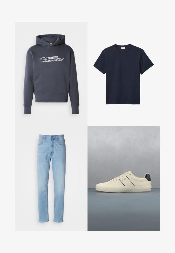 Hoodie in donkergrijs, met witte scripttekst "CITY SUMMER Paradise" op de voorkant. Zachte stof, ribgebreide boorden en zoom.; Marineblauw katoenen T-shirt met korte mouwen, ronde hals en klein geborduurd "cK" logo op de borst.; Lichtblauwe denim jeans met een rechte pasvorm, vijf zakken en riemlussen. De stof heeft een gladde textuur met een lichte vervaging.; Crème-kleurige sneakers met een gladde textuur, voorzien van zwarte accenten en branding. Tijdloos vetersysteem met een ronde neus en rubberen zool.