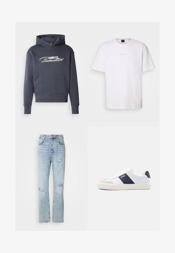 Hættetrøje i mørkegrå med hvidt skrifttekst "CITY SUMMER Paradise" på fronten. Blødt stof, ribbede manchetter og kant.; Hvid bomulds T-shirt med korte ærmer, rund halsudskæring og præget "BOSS" logo på brystet. Glat tekstur, standard pasform.; Lysvaskede denimjeans med en afslappet pasform, der har slidte områder og frynsede kanter. Stoffet har en blød, glat tekstur.; Hvid sneakers med lav top med navyblå side stribe, "BOSS" logo, beige tåbeskytter og hvid sål, vist i profil på en lys baggrund.