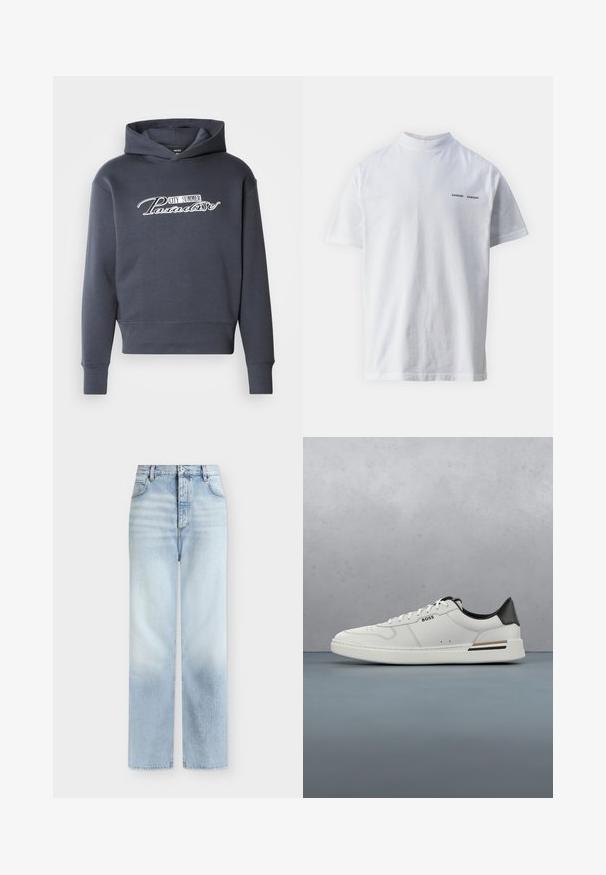 Kapuzensweatshirt in Dunkelgrau mit weißem Schriftzug "CITY SUMMER Paradise" auf der Vorderseite. Weicher Stoff, gerippte Bündchen und Saum.; Weißes Baumwoll-T-Shirt mit hohem Ausschnitt und kurzen Ärmeln. Mit schwarzem "SAMSØE SAMSØE" Logo auf der Vorderseite. Glatte Textur.; Hellblaue, hoch taillierte Jeans mit geradem Bein, Fronttaschen, Gürtelschlaufen und einem Knopfverschluss.; Weißer Sneaker mit niedrigem Schnitt und schwarzer Ferse, Schnürverschluss, dezenten Perforationen und "BOSS"-Logo an der Seite, gezeigt von der äußeren Seitenansicht.
