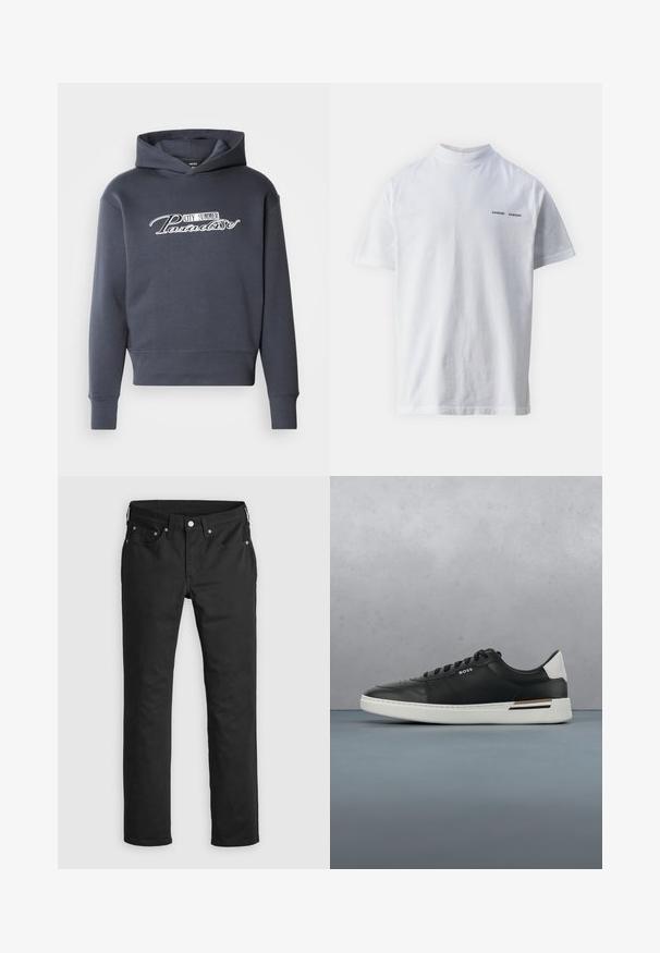 Hoodie in donkergrijs, met witte scripttekst "CITY SUMMER Paradise" op de voorkant. Zachte stof, ribgebreide boorden en zoom.; Witte katoenen t-shirt met een hoge hals en korte mouwen. Voorzien van het 'SAMSØE SAMSØE' logo in het zwart op de voorkant. Glad van textuur.; Zwarte denim broeken met een rechte pasvorm, voorzien van een ritssluiting, vijf zakken en metalen knopen. Glad textuur.; Zwarte leren sneaker met witte zool, voorzien van perforaties, vetersluiting, logo aan de zijkant en contrasterend hieldetail in wit en bruin.
