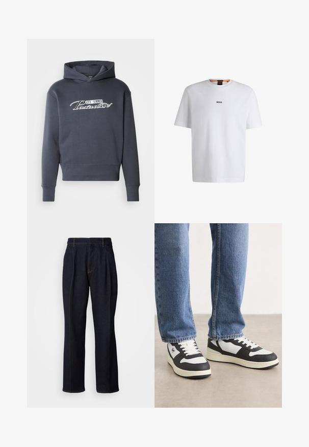 Hættetrøje i mørkegrå med hvidt skrifttekst "CITY SUMMER Paradise" på fronten. Blødt stof, ribbede manchetter og kant.; Hvid bomuld T-shirt med korte ærmer, med et sort "BOSS" logo centreret på brystet og en rund halsudskæring.; Mørkeblå vidde denim jeans med frontfældninger og orange syninger, vist på hvid baggrund.; Sort og hvid lav-top sneakers med en tekstureret overdel, perforeret tå, hvide snørebånd og en cremet sål.
