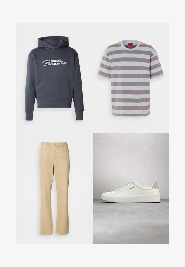 Hættetrøje i mørkegrå med hvidt skrifttekst "CITY SUMMER Paradise" på fronten. Blødt stof, ribbede manchetter og kant.; Stribet t-shirt i lyseblå og brun, lavet af bomuld. Har rund halsudskæring og et lille logo præget i midten foran.; Beige fløjlsbukser med udvidede ben, der har en knap- og lynlås-lukning. Bukserne har fem lommer og synlige sømme langs benene. Blød tekstur.; Hvid lav sneaker med snørebånd og beige hælflap med mærket "HUGO," svævende over en poleret betonflade nær en glasblokvæg.