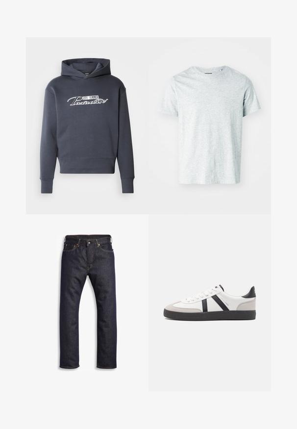 Hættetrøje i mørkegrå med hvidt skrifttekst "CITY SUMMER Paradise" på fronten. Blødt stof, ribbede manchetter og kant.; Lys grå, kortærmet t-shirt lavet af blødt stof, med en rund hals og en let afslappet pasform. Ingen synlige mønstre eller grafik.; Mørkeblå denimjeans med lige snit, fem-lomme design, metalbeslag og kontrasterende orange syninger. Glat tekstur, ingen synlige mønstre.; Hvide sneakers med sorte og grå detaljer, med en tekstureret grå tåhætte, sort gummisål og flade hvide snørebånd. Rent design, minimalistisk stil.