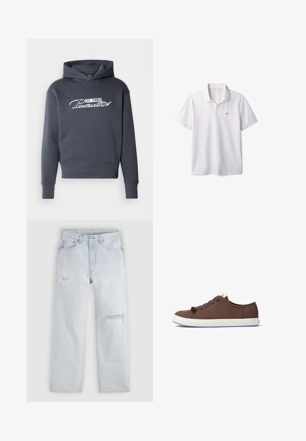 Hættetrøje i mørkegrå med hvidt skrifttekst "CITY SUMMER Paradise" på fronten. Blødt stof, ribbede manchetter og kant.; Hvid poloshirt med korte ærmer, krave og lille rød "cK" logo på venstre bryst.; Lyseblå denimjeans med lige snit, der har slidte detaljer og frynser. Standard fem-lomme-design med metalnit.; Brun lærredssneaker med rund tå, hvid gummisål og seks snørehuller. Har en tekstureret overflade og et rødt logomærke på tungen.