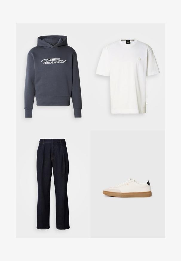 Hoodie in donkergrijs, met witte scripttekst "CITY SUMMER Paradise" op de voorkant. Zachte stof, ribgebreide boorden en zoom.; Wit katoenen T-shirt met een ronde hals, korte mouwen en een klein logo op de borst. Rechte zoom aan de onderkant.; Donkerblauwe denim jeans met wijde pijpen, inclusief voorplooien en oranje stiksels, weergegeven op een witte achtergrond.; Witte sneakers met beige accenten, bovenwerk van glad leer, ronde neus en rubberen gumzool, met een zwarte hieltab en subtiele branding.