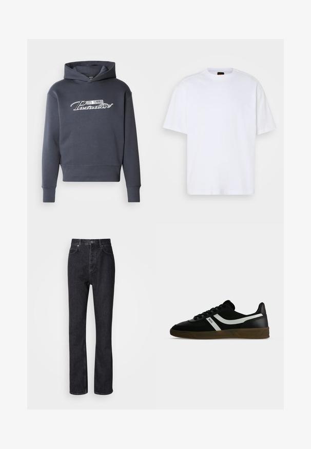 Hoodie in donkergrijs, met witte scripttekst "CITY SUMMER Paradise" op de voorkant. Zachte stof, ribgebreide boorden en zoom.; Witte katoenen T-shirt met ronde hals, korte mouwen en een ontspannen pasvorm. Heeft textuur op de schoudernaden voor extra detail.; Hoge taille zwarte denim jeans met een knoop- en ritssluiting, voor- en achterzakken en een rechte pasvorm.; Zwarte lage sneaker met bruine zool, witte zijstrepen, zwarte veters en tekst "BOSS" aan de zijkant, getoond vanuit het buitenprofiel.