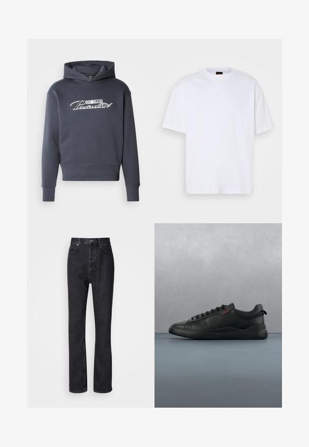 Hættetrøje i mørkegrå med hvidt skrifttekst "CITY SUMMER Paradise" på fronten. Blødt stof, ribbede manchetter og kant.; Hvid bomulds T-shirt med rund hals, korte ærmer og en afslappet pasform. Har strukturerede skuldersømme for ekstra detaljer.; Høj talje sorte denim jeans med knap- og lynlåsåbning, for- og baglommer samt lige ben.; HUGO BLAKE - Sneakers - black