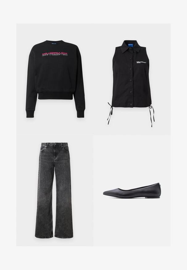 Sweatshirt noir en mélange de coton, avec des poignets et un ourlet côtelés, arborant un texte vertical "KARL LAGERFELD JEANS" en rose et blanc à l'avant.; Chemisier noir sans manches à boutons, avec col, liens sur les côtés et logo blanc "KARL LAGERFELD JEANS" sur la poitrine gauche.; Jean noir à jambes larges avec une texture délavée, cinq poches et une fermeture à bouton. Présente des coutures contrastantes et une taille classique.; Chaussure plate en cuir noire à bout pointu avec petit talon, vue de profil sur fond blanc.