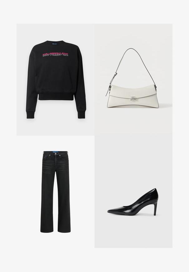 Sweatshirt noir en mélange de coton, avec des poignets et un ourlet côtelés, arborant un texte vertical "KARL LAGERFELD JEANS" en rose et blanc à l'avant.; Jean noir coupe large en denim, avec fermeture à boutons et à zip, cinq poches, et un léger dégradé sur le tissu.; Chaussure à talon haut en cuir noir avec un bout pointu, texture lisse et un talon effilé. Design minimaliste, sans embellissements supplémentaires.; Sac à bandoulière en cuir blanc avec rabat incurvé, bordure noire, sangle réglable et boucle décorative argentée sur fond uni.