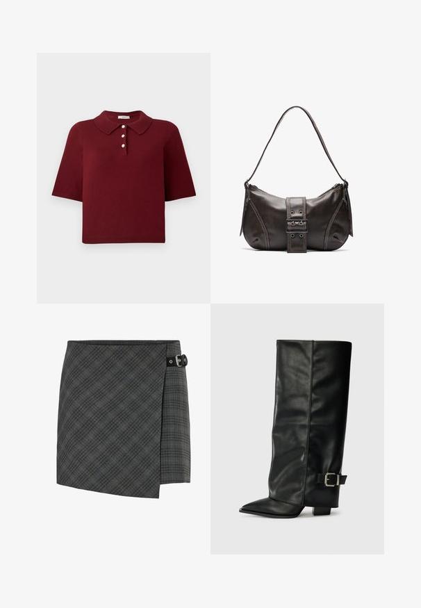 Burgunderfarbener Strick-Polo-Shirt mit kurzen Ärmeln, klassischem Kragen und einer Knopfleiste mit vier runden weißen Knöpfen.; Dunkelgrau karierte Wollwickelrock mit schwarzem Schnallendetail auf der rechten Seite, geradem Saum und subtilen diagonalen Linienmuster.; Schwarze Lederstiefeletten in Knöchellänge mit spitzem Zehenbereich, glatter Oberfläche und silberner Schnallenakzent an der Seite. Massiver, quadratischer Absatz.; Braune Lederumhängetasche mit gebogener Form, die mit einem auffälligen Schnallendetail, kontrastierenden Nähten und einem einzigen Schulterriemen ausgestattet ist.