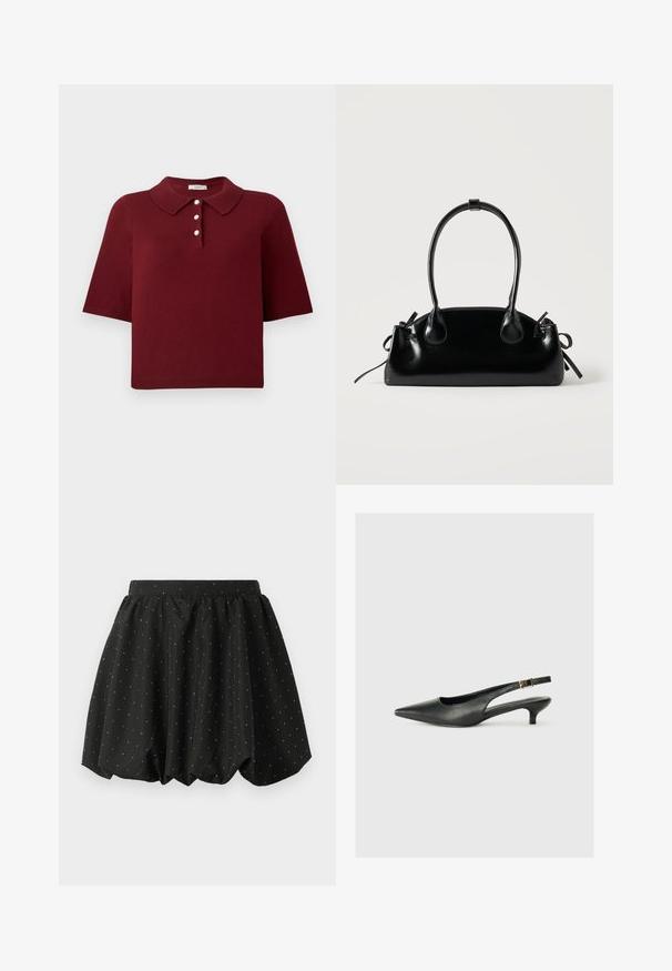 Burgunderfarbener Strick-Polo-Shirt mit kurzen Ärmeln, klassischem Kragen und einer Knopfleiste mit vier runden weißen Knöpfen.; Schwarzer Bubble-Rock mit elastischem Bund und weißem Punktemuster. Hergestellt aus leichtem Stoff, mit voluminösem Design und geschwungenem Saum.; Schwarzer Slingback-Schuh mit spitzem Zehenbereich aus glattem Leder. Mit einem dünnen Absatz und einer dekorativen Schnalle am verstellbaren Riemen.; Kleine schwarze glänzende Handtasche mit zwei langen Griffen und seitlichen Kordelzug-Details vor einfachem hellem Hintergrund.