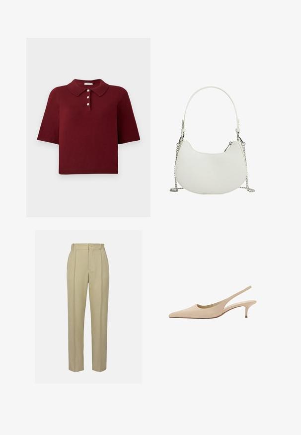 Burgundin neulottu polo paita, jossa on lyhyet hihat, klassinen kaulus ja neljän napin pääntie, jossa on pyöreät valkoiset napit.; Beige verkkohousut korkealla vyötäröllä, jotka sisältävät edessä napin sulkemisen, kaksi sivutaskua ja joustokujat lahkeiden varrella.; Beigen värinen nahkainen slingback-kengät, joissa on terävä kärki, matala kitten-korko ja sileä pinta.; Valkoinen synteettinen käsilaukku, jolla on kaareva muoto, varustettuna ketjuolkaimella ja minimalistisella muotoilulla. Silkkinen pinta hopeaosilla.