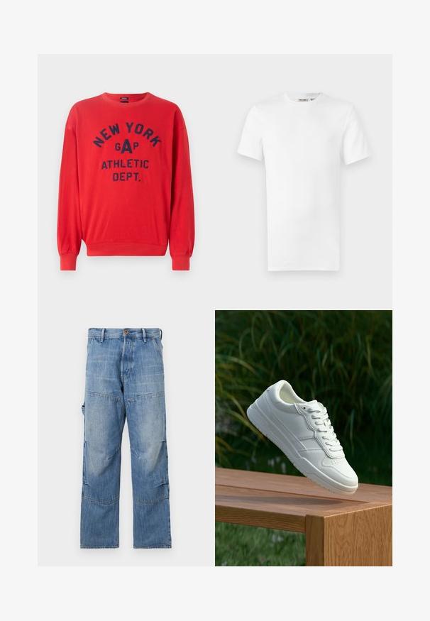 Rotes Sweatshirt aus Baumwollmischung; mit Rundhalsausschnitt, langen Ärmeln und navyblauer Druckschrift "NEW YORK GAP ATHLETIC DEPT."; Ein schlichtes weißes T-Shirt mit kurzen Ärmeln und Rundhalsausschnitt, mit einem kleinen Markenetikett im Krageninneren, auf weißem Hintergrund dargestellt.; Hellblaue Jeanshose mit weitem Bein, ausgebleichten Bereichen und aufgenähten Nähten. Mit einem Knopf- und Reißverschluss vorne sowie seitlichen Taschen.; Weiße Ledersneaker mit glatter Oberfläche, ausgestattet mit einem perforierten Design, klassischer Schnürung und Gummisohle, positioniert auf einer Holzoberfläche.