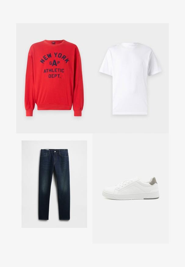 Rotes Sweatshirt aus Baumwollmischung; mit Rundhalsausschnitt, langen Ärmeln und navyblauer Druckschrift "NEW YORK GAP ATHLETIC DEPT."; Weißes kurzärmeliges T-Shirt aus Baumwolle mit Rundhalsausschnitt, das eine glatte Textur und ein einfaches Design ohne Muster oder Akzente aufweist.; Dunkelblaue Denim-Jeans mit geradem Schnitt, ausgestattet mit fünf Taschen, einem Knopfverschluss und dezentem Verblassen an den Oberschenkeln. Klassische Steppnähte.; Weißer Sneaker aus glattem Leder, runde Zehenpartie, minimalistisches Design, graue Fersenkante und strukturierte Gummisohle.