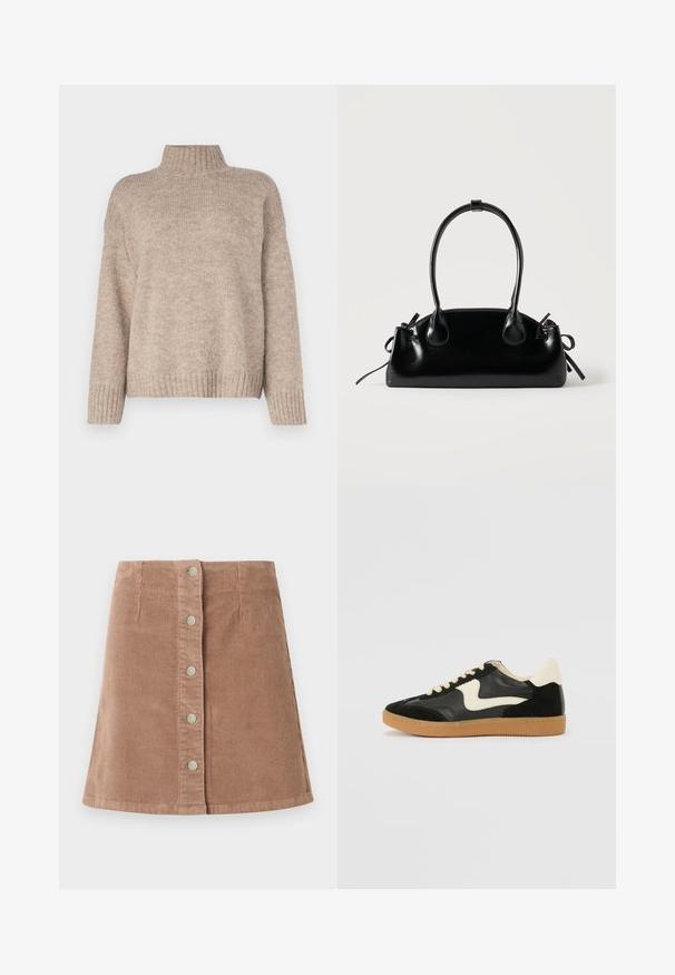 Suéter de punto color beige con un cuello de canalé alto, corte holgado y puños y dobladillo de canalé. Textura suave con un diseño casual.; Falda de pana marrón con un dobladillo acampanado, que presenta cinco botones plateados en la parte delantera y una textura de canalé vertical.; Zapatillas de deporte de ante y cuero negro con un swoosh lateral en crema y un talón en crema claro. Presenta cordones beige y una suela de goma marrón.; Pequeño bolso negro brillante con dos asas largas y detalles de cordón lateral sobre un fondo claro liso.